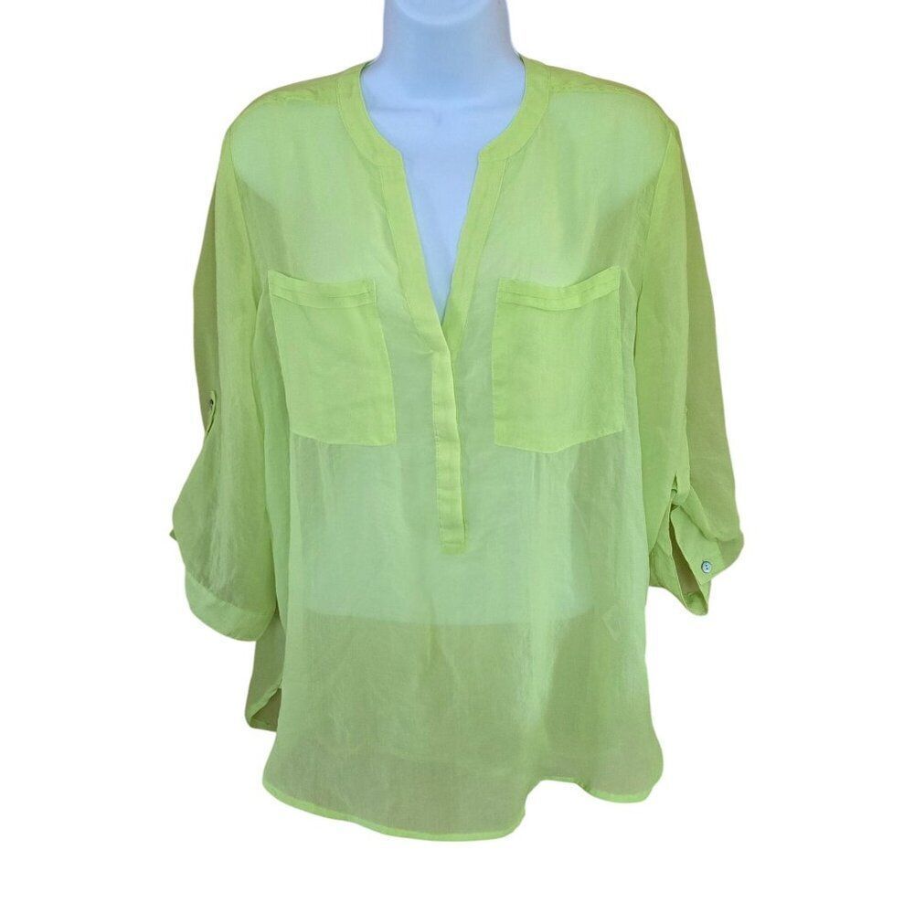 Bright Lime Sheer Blouse With Roll-Tab Sleeves neon 90's inspired y2k coquette